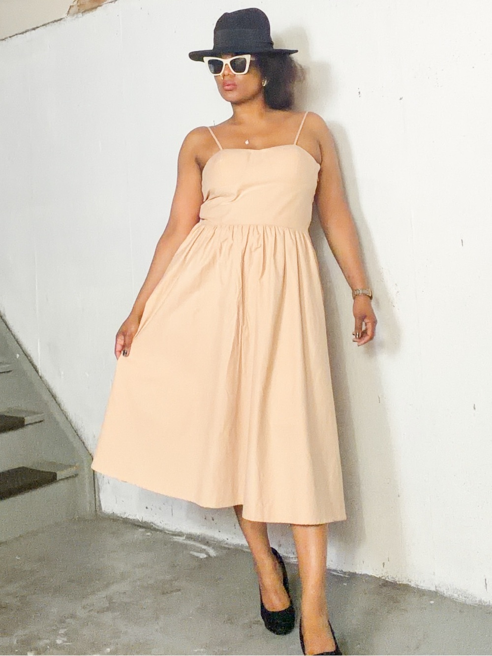 Women's Beige Spaghetti-Strap Midi Dress, L